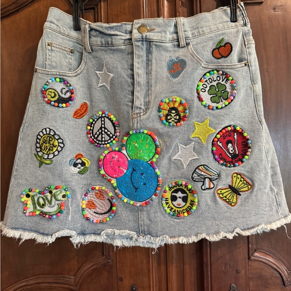 Embroidered Denim Skirt with Colorful Patches